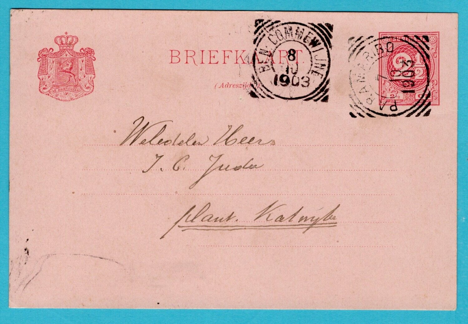 SURINAME briefkaart 1903 Paramaribo naar plantage Katwijk