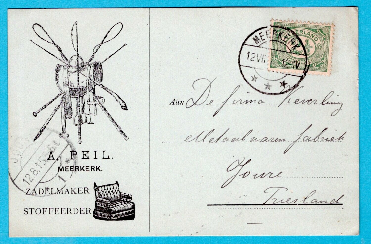 NEDERLAND briefkaart 1915 Meerkerk zadelmaker Peil