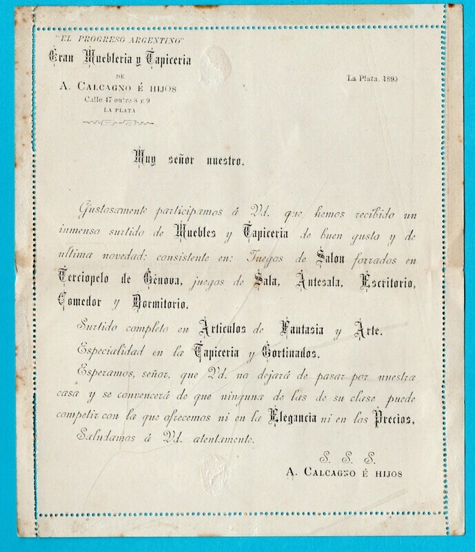 ARGENTINA letter sheet 1890 La Plata advertised