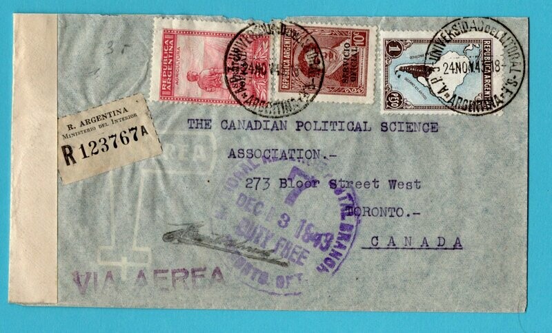 ARGENTINA R official censor cover 1943 Universidad to Canada