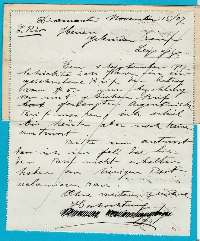 ARGENTINA letter sheet 1907 Diamante to Germany