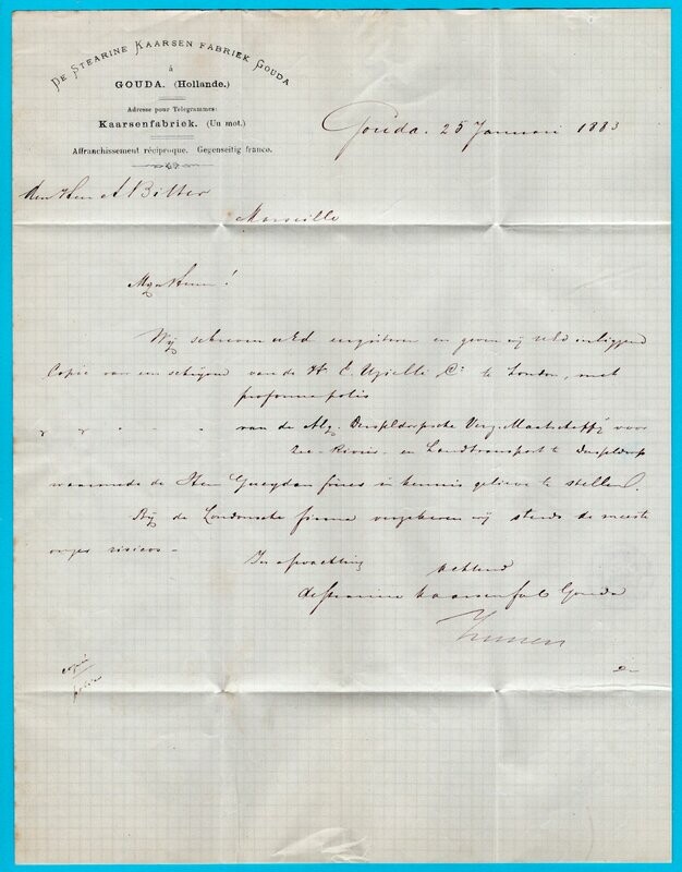 NEDERLAND brief 1883 Gouda naar Frankrijk - kaarsen fabriek
