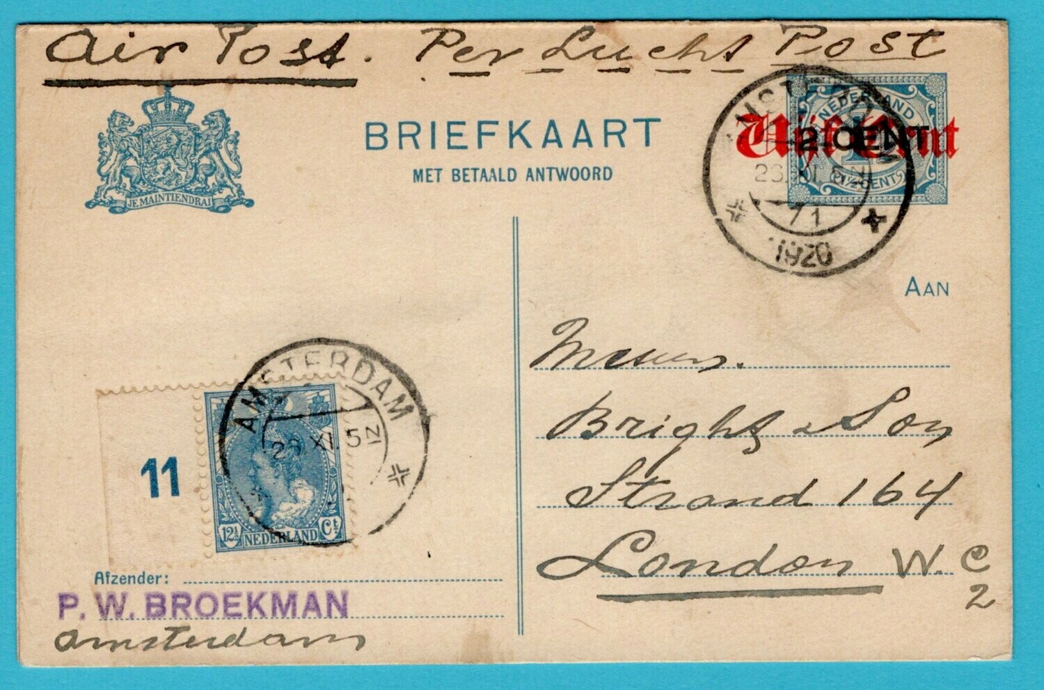 NEDERLAND briefkaart 22-11-1920 Amsterdam naar London