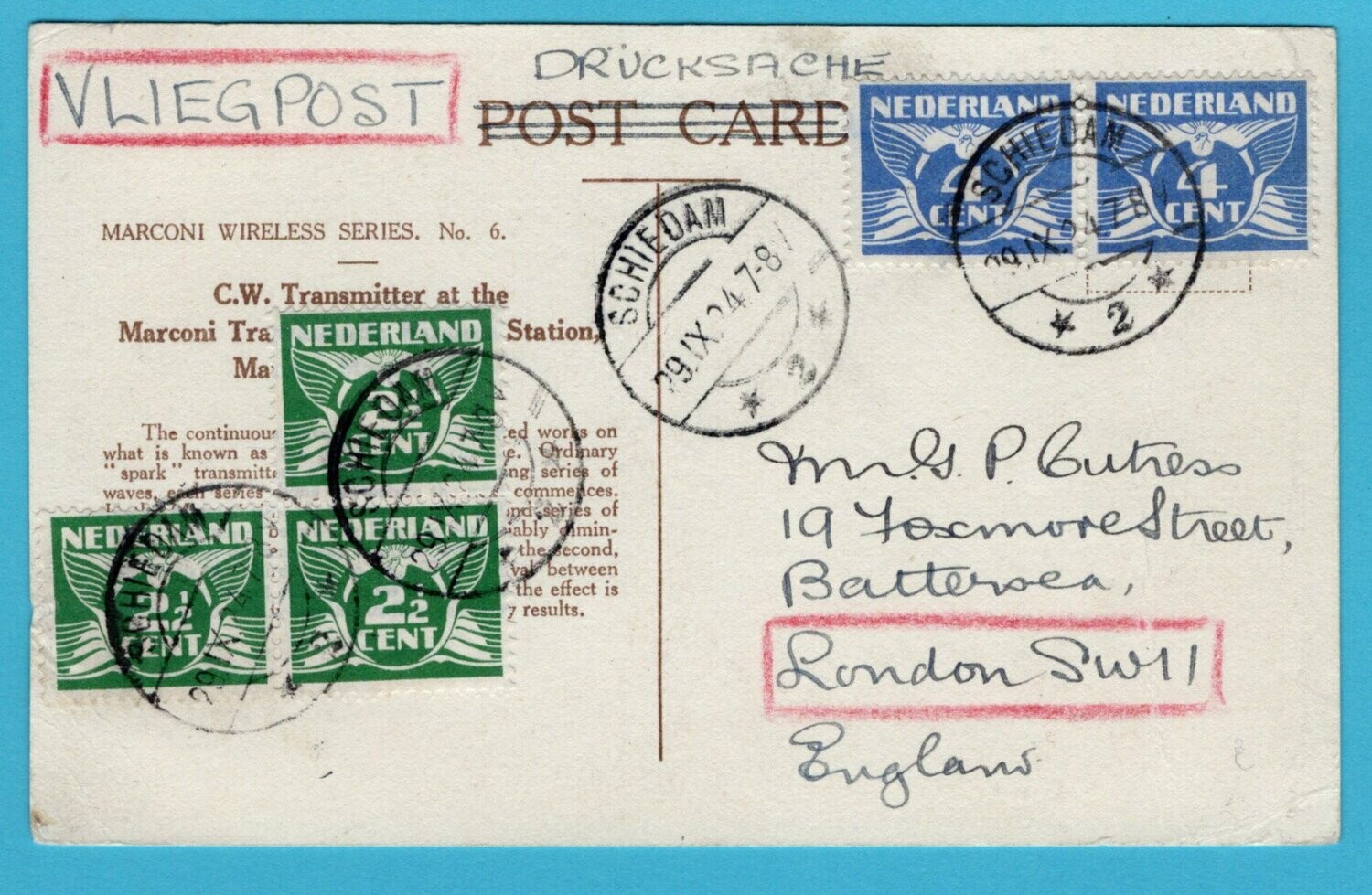 NEDERLAND luchtpost prentbriefkaart 1924 Schiedam naar London