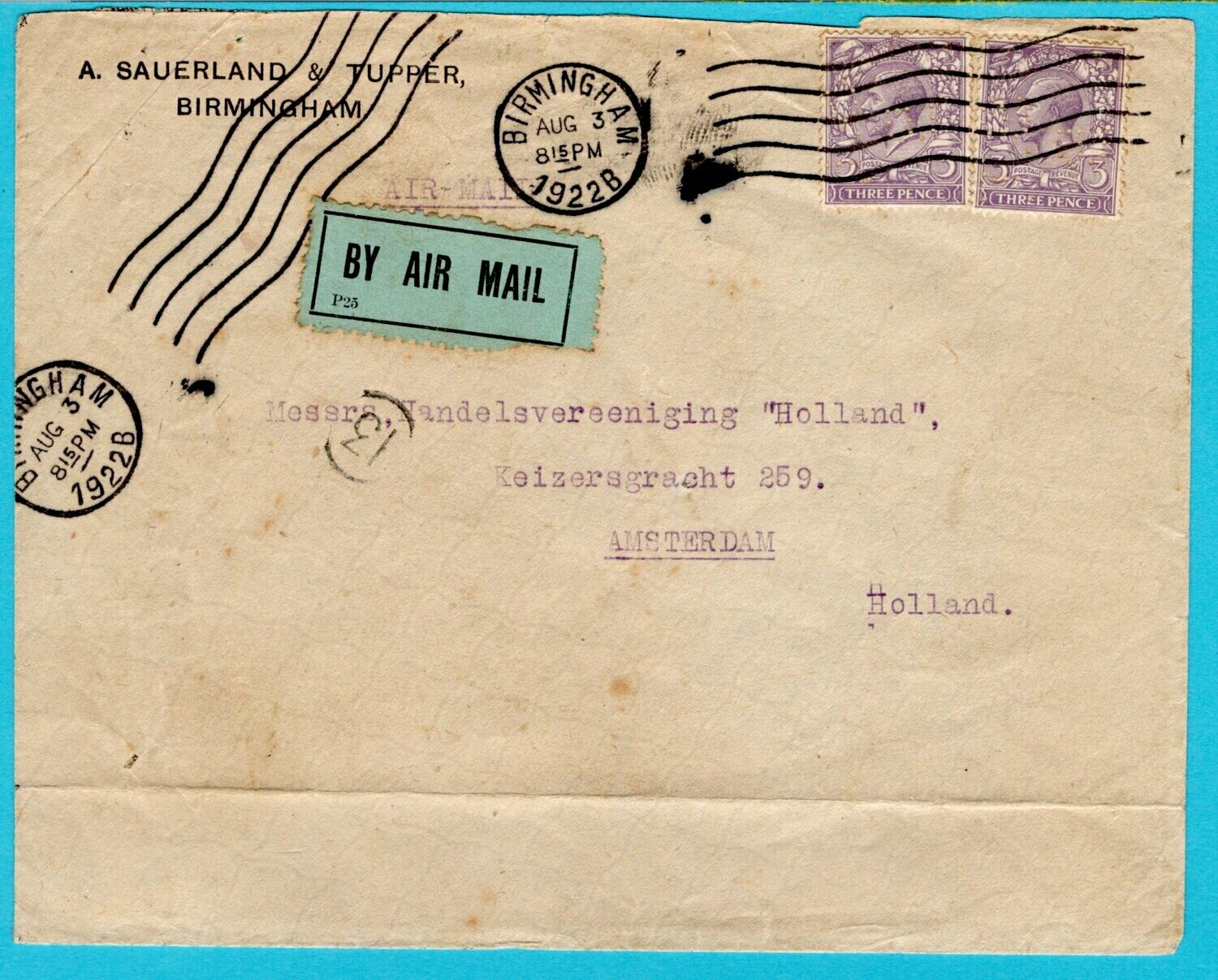 ENGELAND luchtpostbrief 1922 Birmingham naar Amsterdam