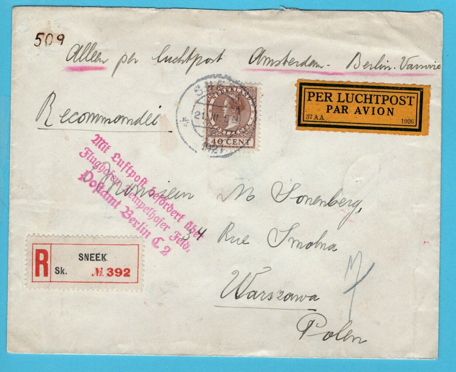 NEDERLAND luchtpost R brief 1927 Sneek naar Warschau