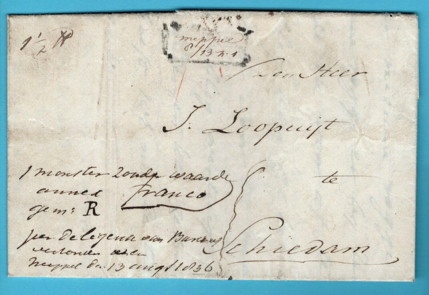 NEDERLAND diligence brief 1836 Meppel naar Schiedam