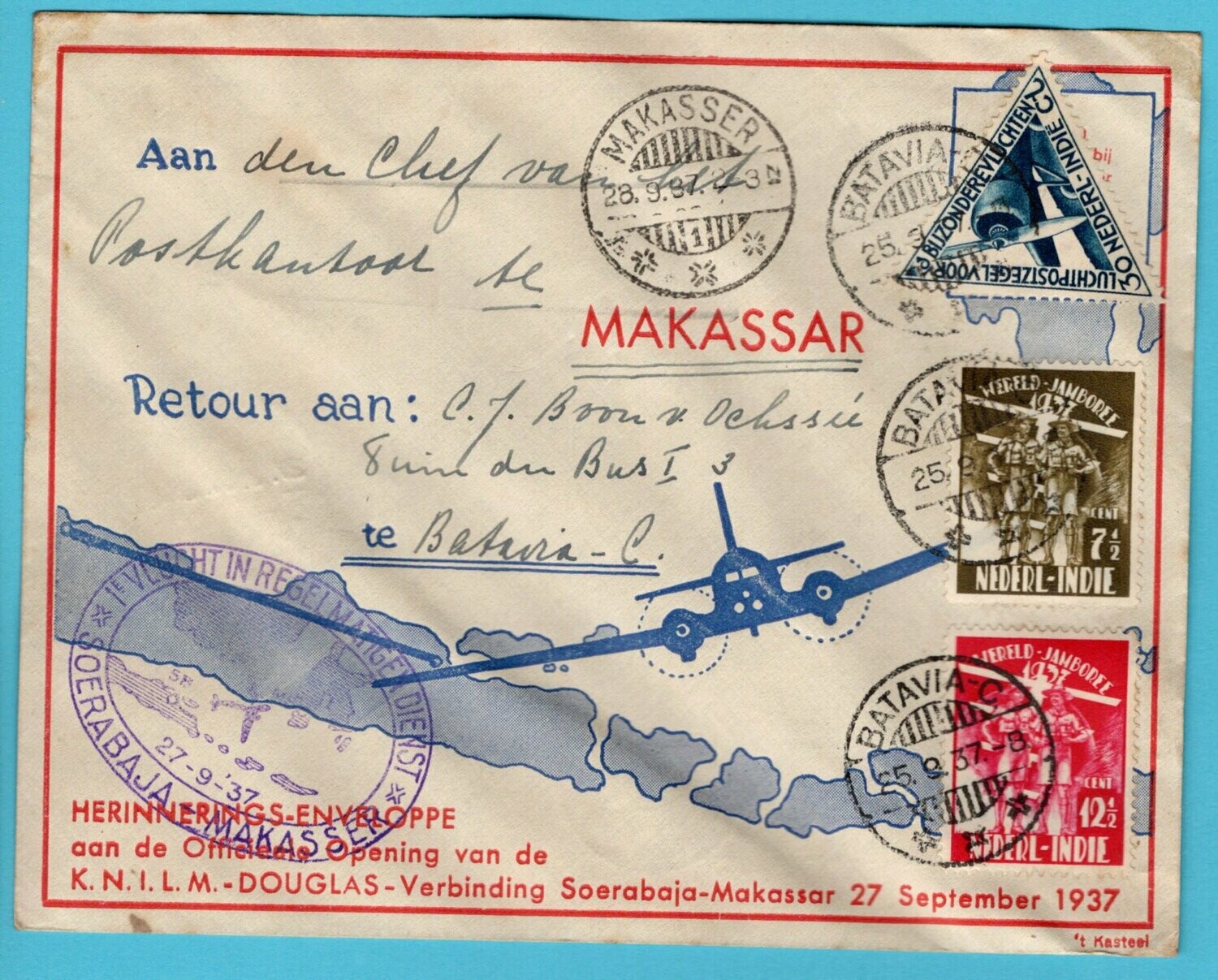 NETHERLANDS EAST INDIES air cover 1937 Batavia - Makasser