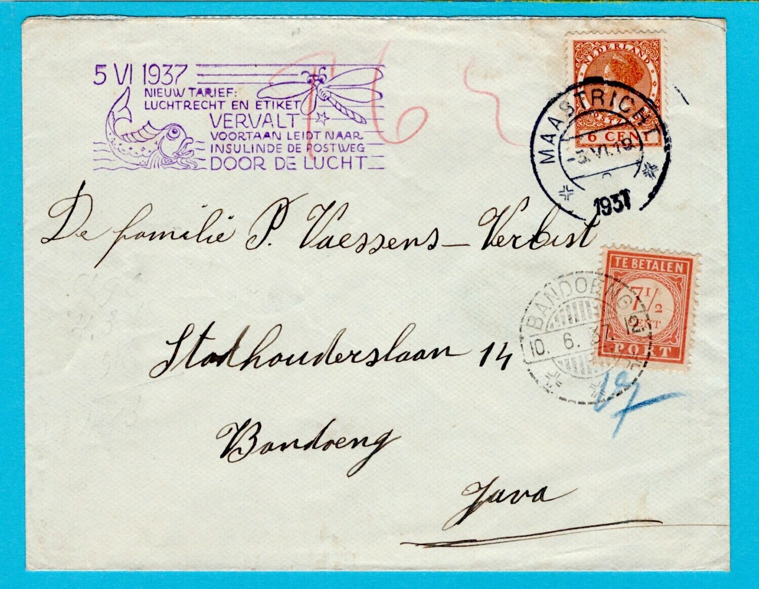 NETHERLANDS EAST INDIES postage due on 1937 air cover Maastricht