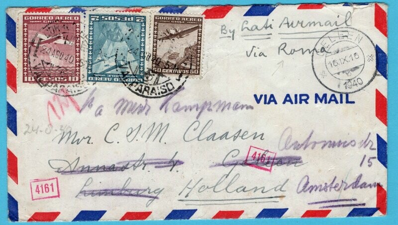 CHILE LATI air censor cover 1940 undercover Canal Zone to Netherlands