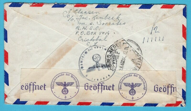 CHILE LATI air censor cover 1940 undercover Canal Zone to Netherlands
