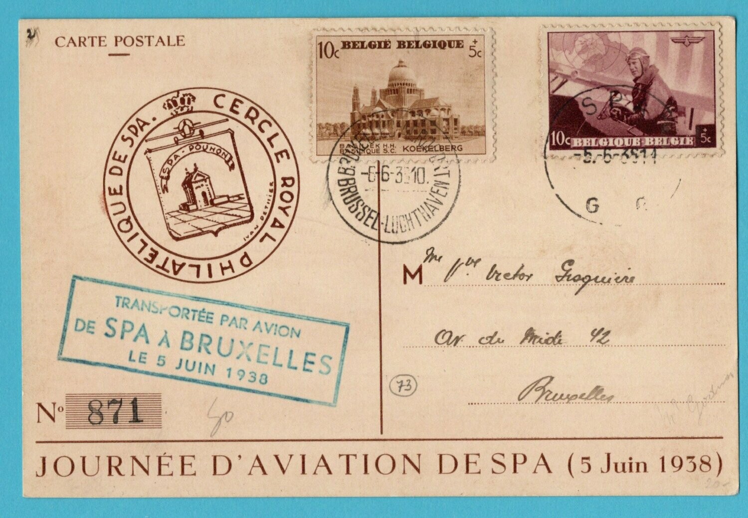 BELGIUM numbered aviation card 1938 Spa to Brussels