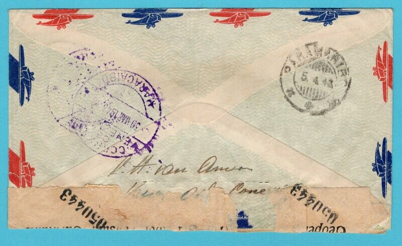 VENEZUELA censor air cover 1943 Lagunillas a Zulia to Suriname