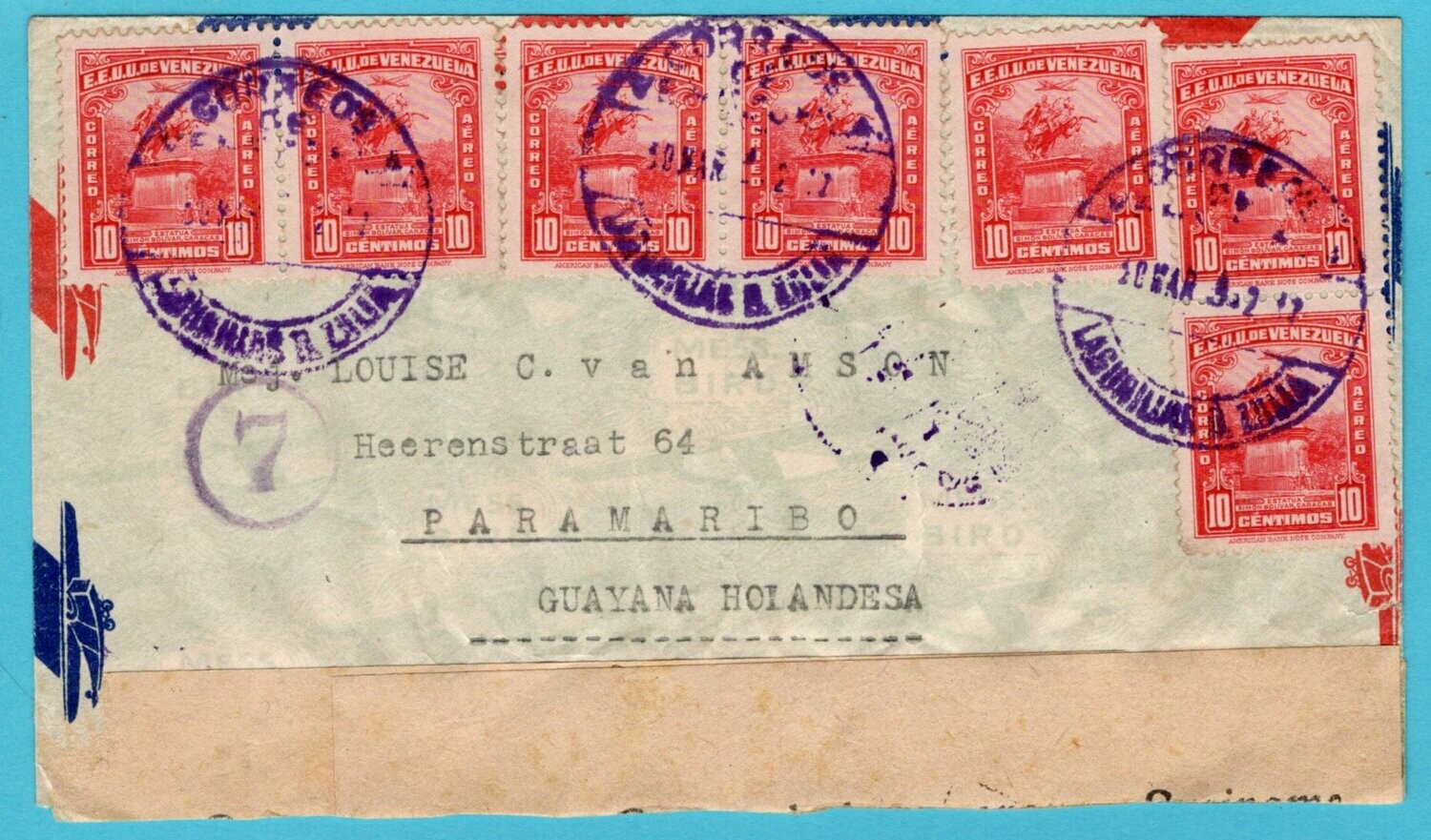 VENEZUELA censor air cover 1943 Lagunillas a Zulia to Suriname