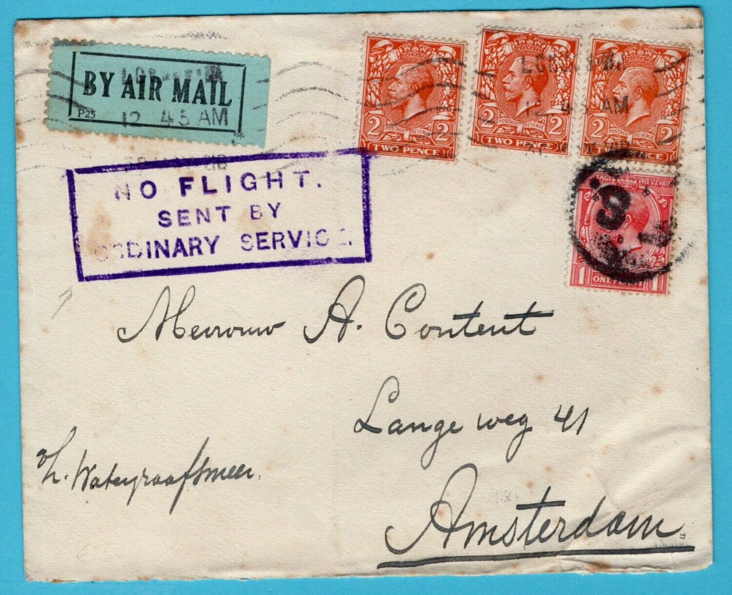 ENGLAND air cover 1921 London to Netherlands - No Flight