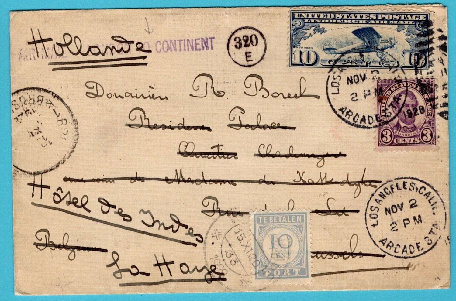 USA air cover 1928 LA to Belgium -forwarded Netherlands postage due