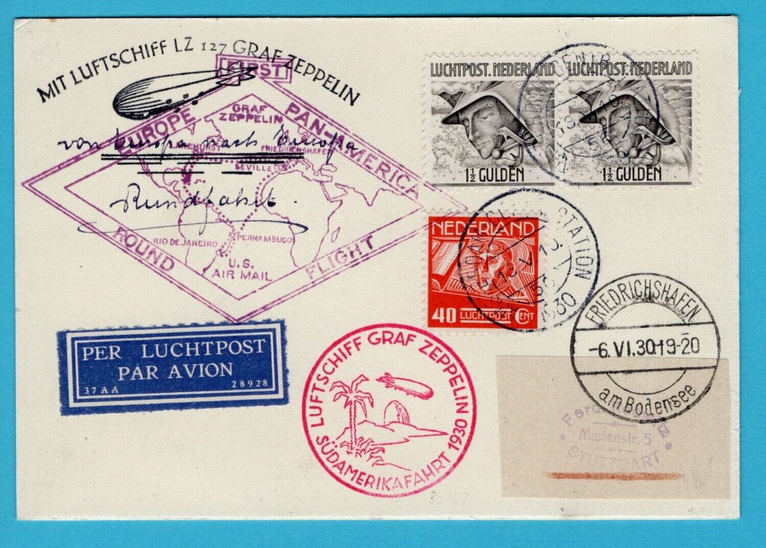 NEDERLAND Zeppelin kaart 1930 Amsterdam Zuid Amerika vlucht