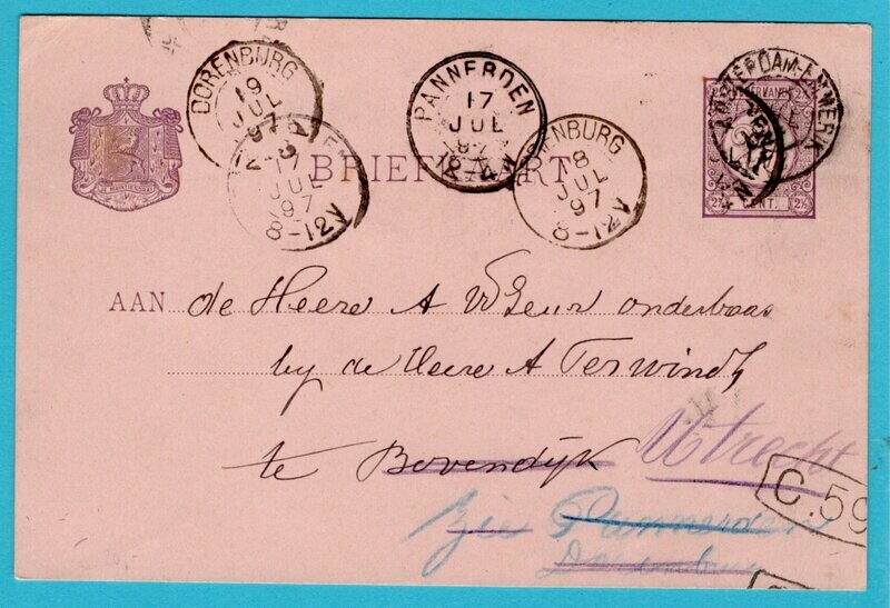 NEDERLAND briefkaart 1897 Westervoort naar Dorenburg - Pannerden