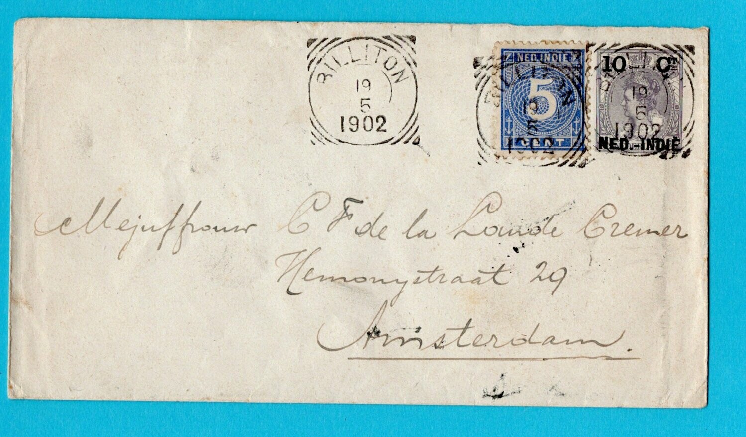 NETHERLANDS EAST INDIES envelope 1902 Billiton squared circle