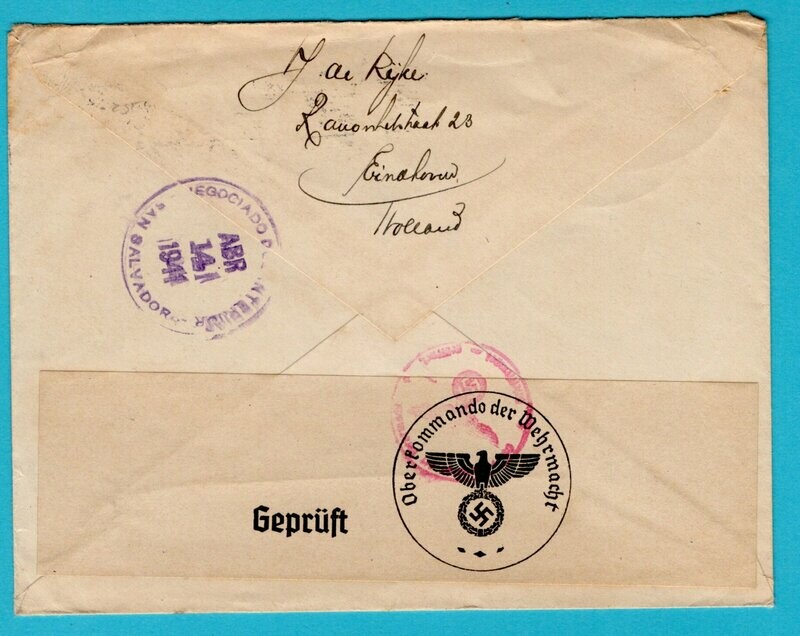 NEDERLAND brief 1942 Eindhoven naar El Salvador met censuur