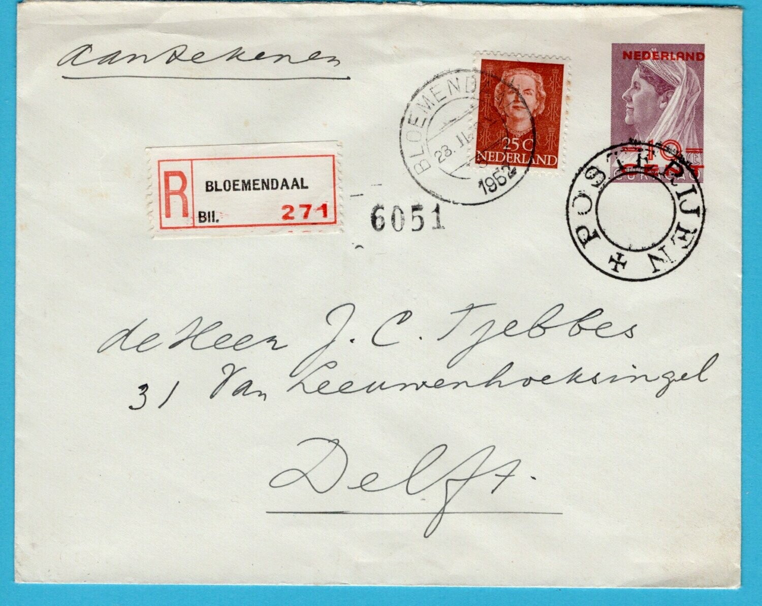 NEDERLAND R envelop 1952 Bloemendaal naar Delft