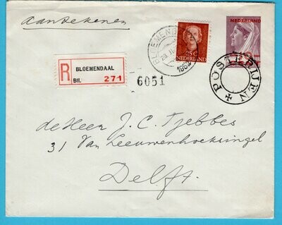 NEDERLAND R envelop 1952 Bloemendaal naar Delft