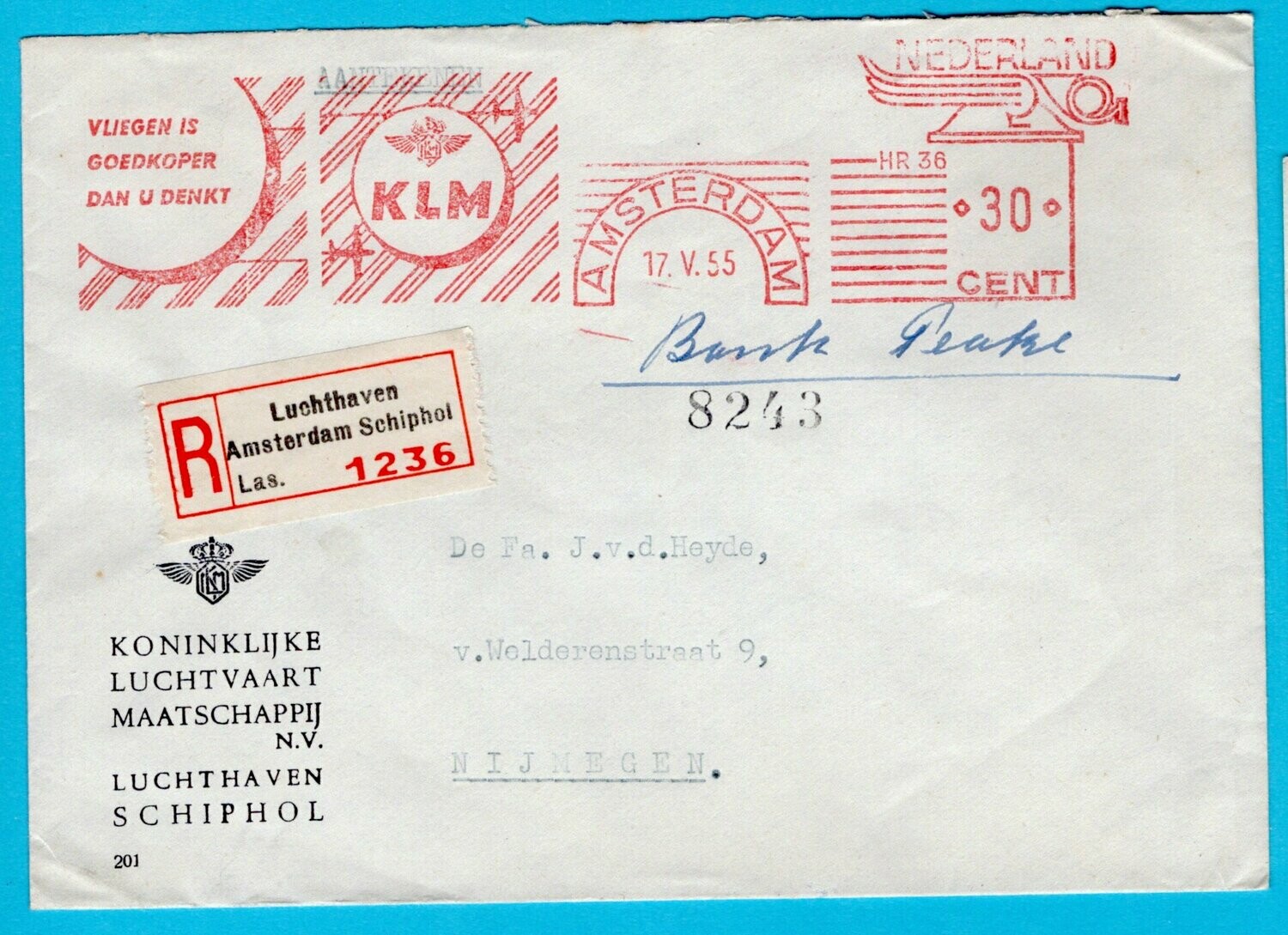 NEDERLAND KLM R brief 1955 Amsterdam naar Nijmegen