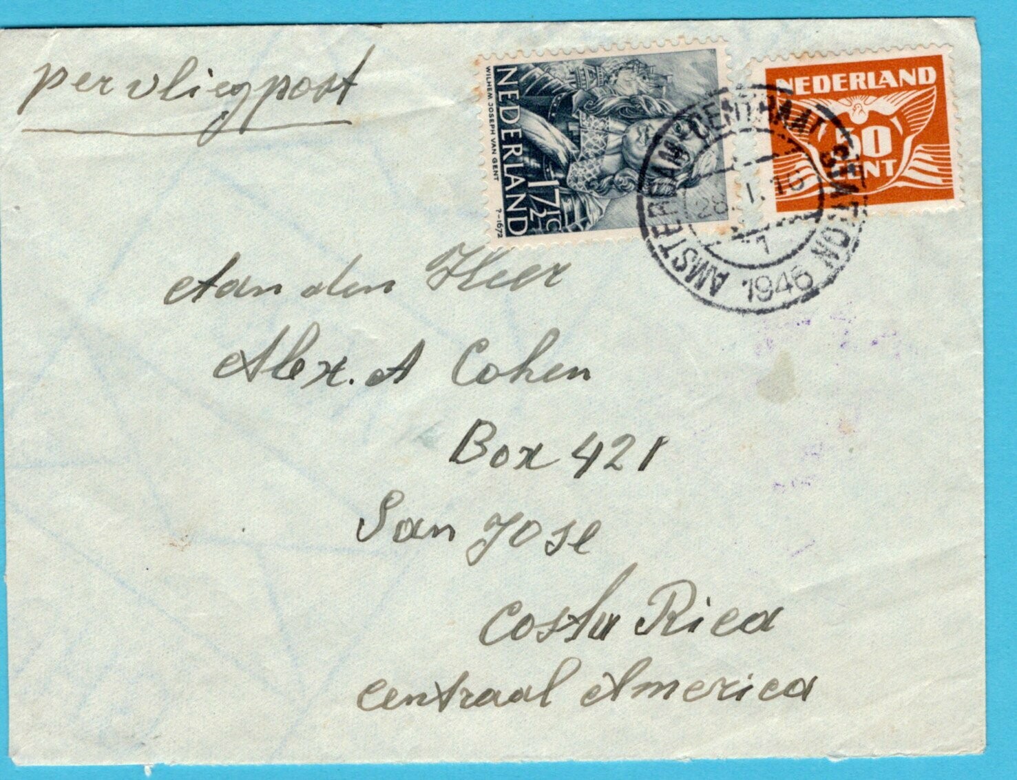 NEDERLAND luchtpost brief 1946 Amsterdam naar Costa Rica