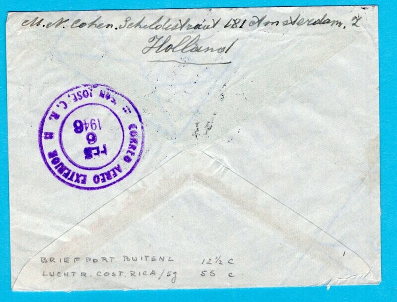 NEDERLAND luchtpost brief 1946 Amsterdam naar Costa Rica
