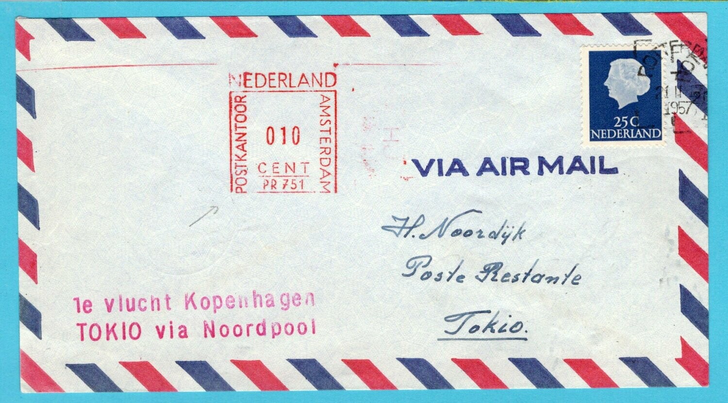 NEDERLAND 1e vlucht 1957 Rotterdam via de pool bijfrankering
