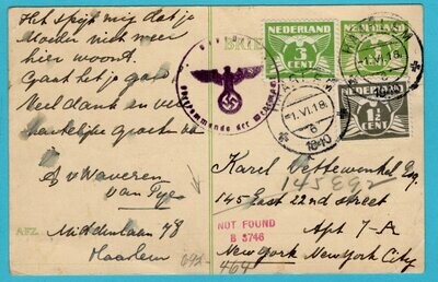 NEDERLAND censuur briefkaart 1-VI-1940 Haarlem naar USA -tekst!
