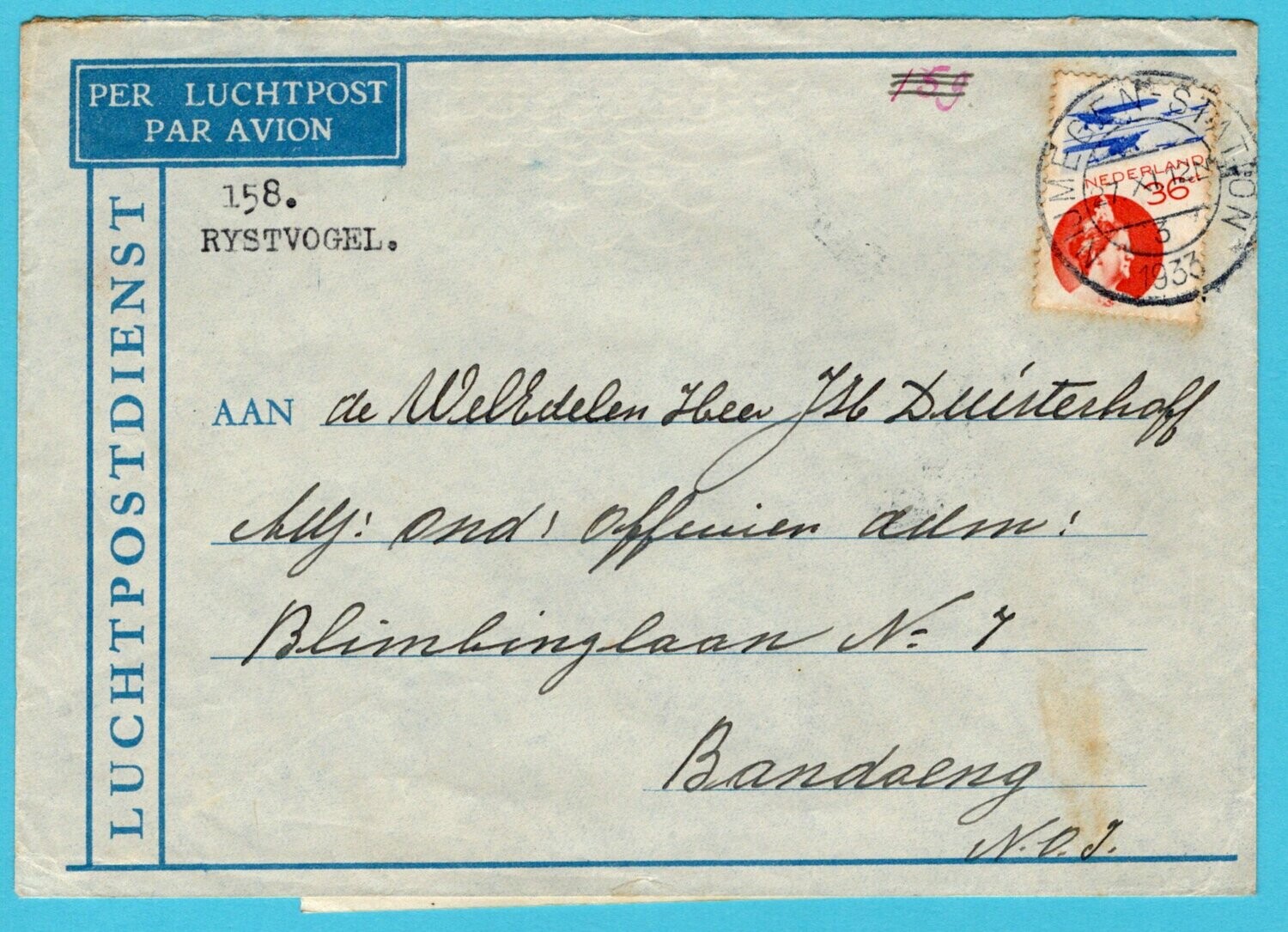 NEDERLAND luchtpost brief 1933 Nijmegen met postkantoor notitie