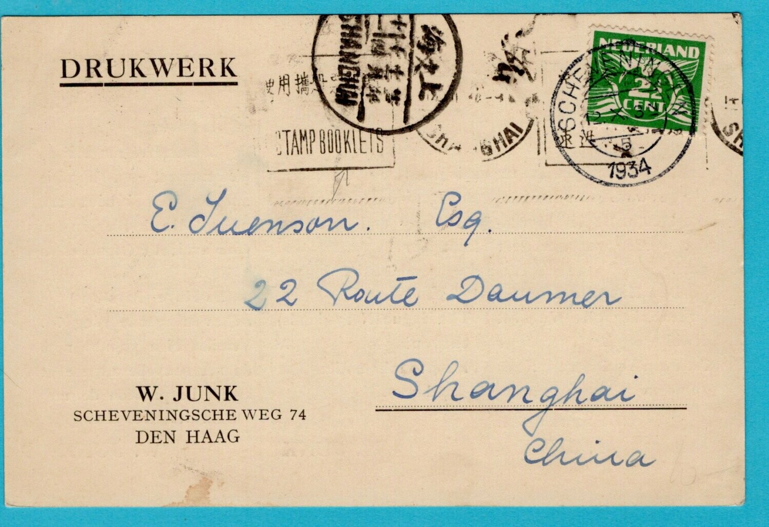 NEDERLAND briefkaart 1934 Scheveningen naar Shanghai China
