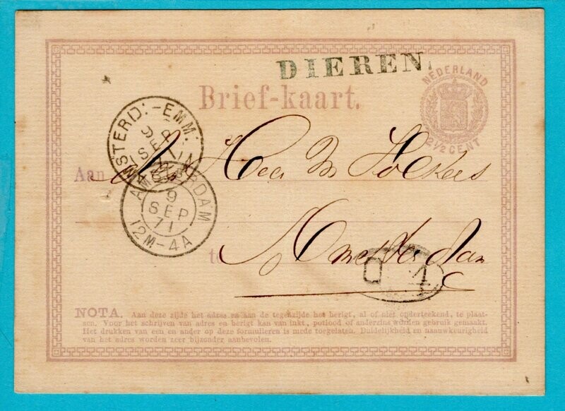 NEDERLAND briefkaart 1871 Dieren met trein takje Amsterd:-Emm: