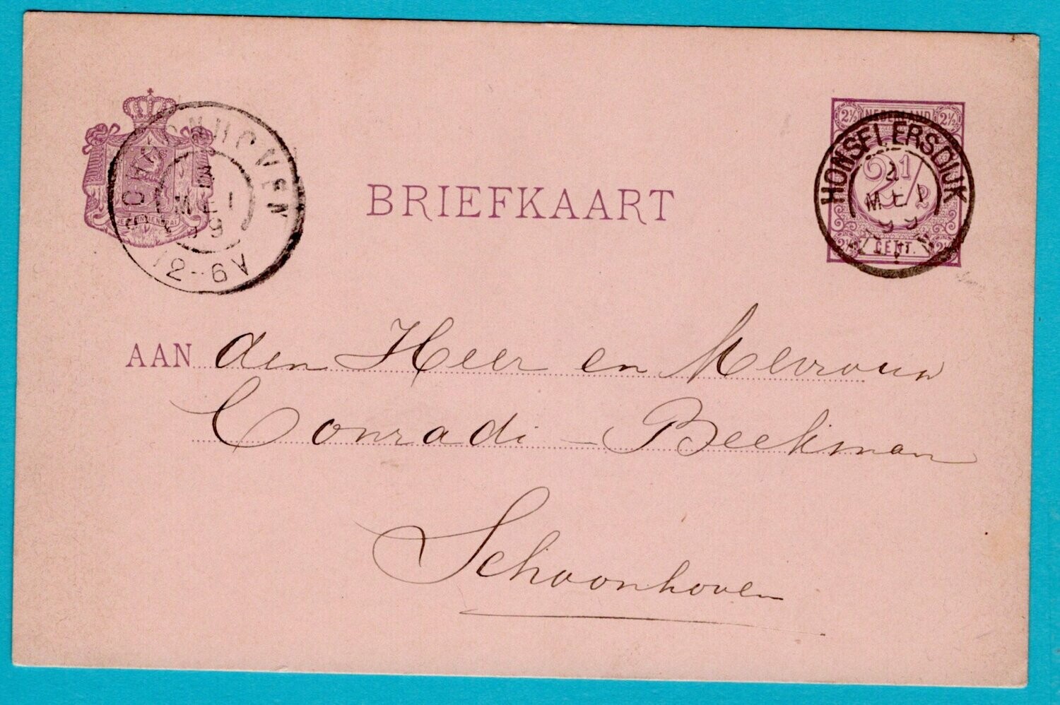 NEDERLAND briefkaart 1899 Honselerdijk naar Schoonhoven