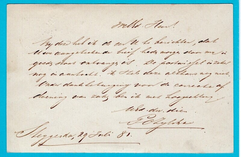 NEDERLAND briefkaart 1881 Steggerda en treinstempel Zutph:-Leeuw: