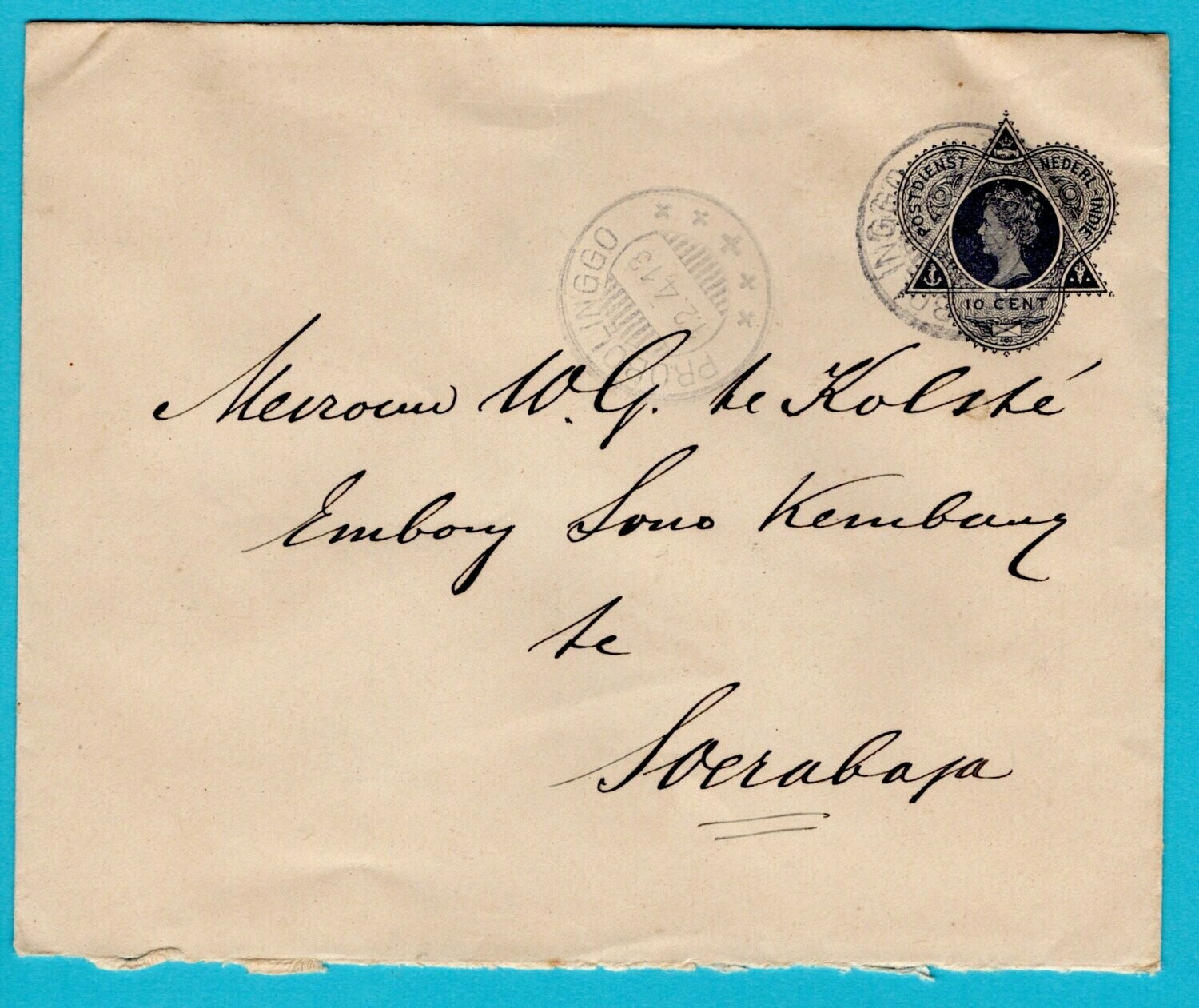 NETHERLANDS EAST INDIES postal envelope 1913 Probolinggo