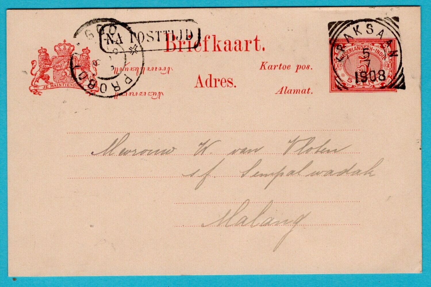 NETHERLANDS EAST INDIES postal card 1908 Kraksaan squared circle