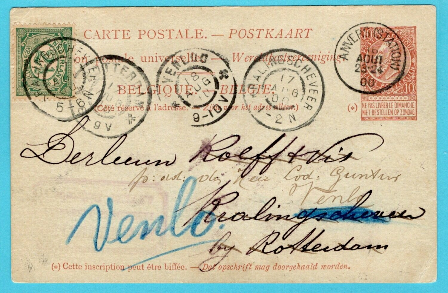 BELGIË briefkaart 1900 Antwerpen naar Kralingscheveer doorgezonden
