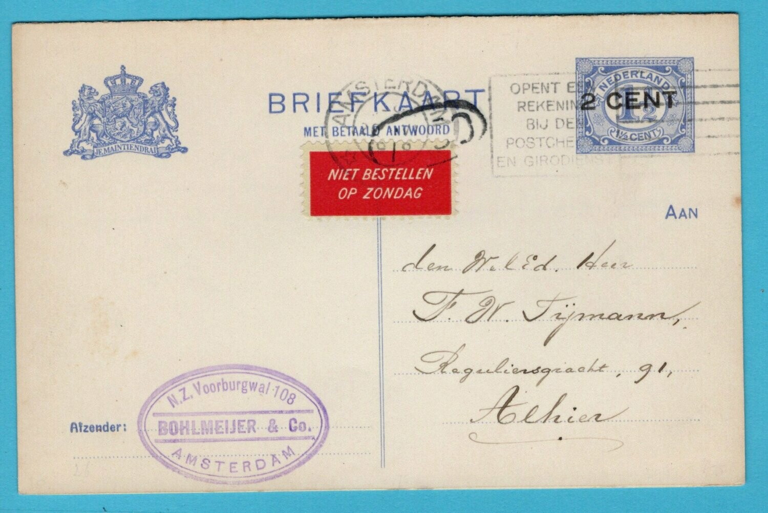 NEDERLAND briefkaart met antwoord 1919 Amsterdam lokaal