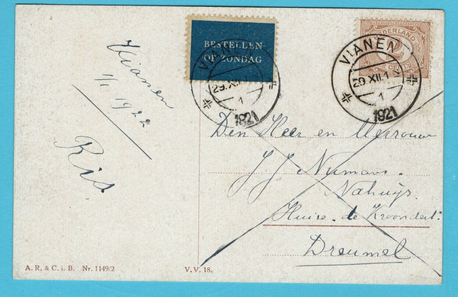 NEDERLAND briefkaart 1921 Vianen 