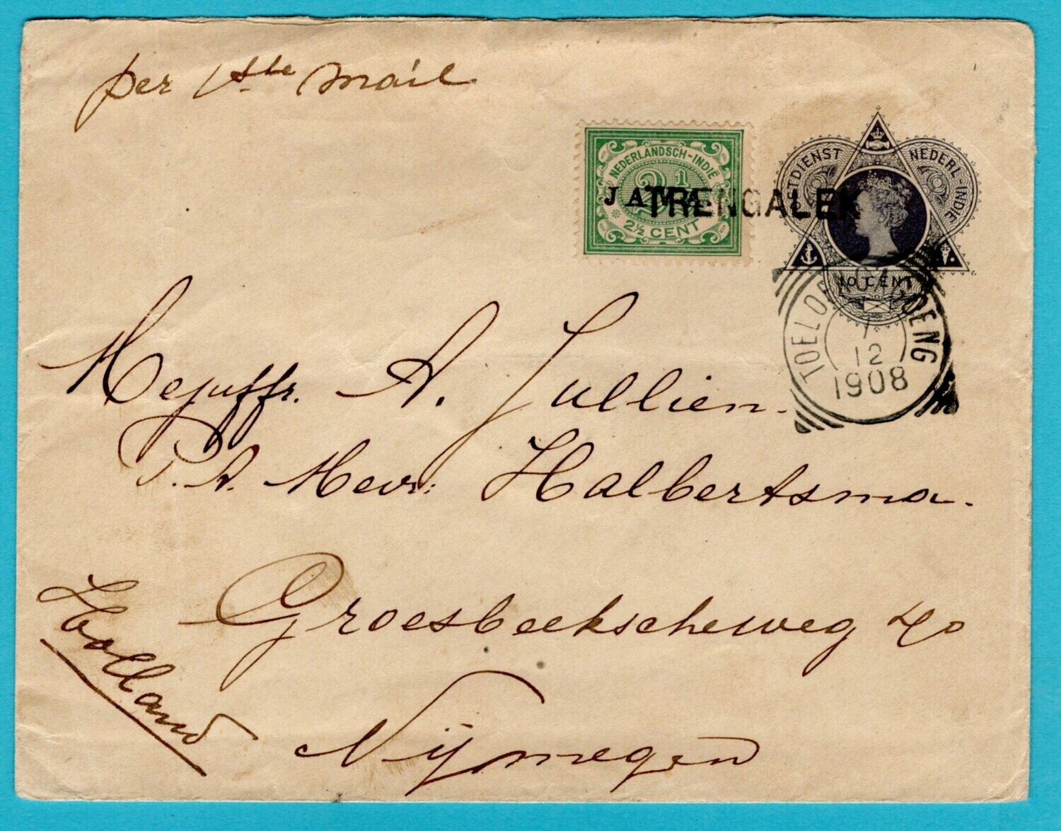 NETHERLANDS EAST INDIES postal envelope 1908 Trengalek