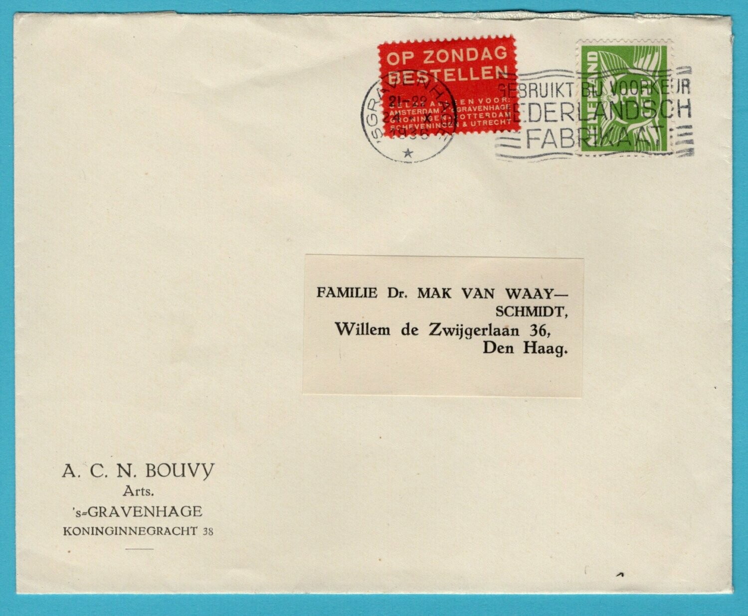 NEDERLAND lokale brief 1936 's Gravenhage bestellen op zondag