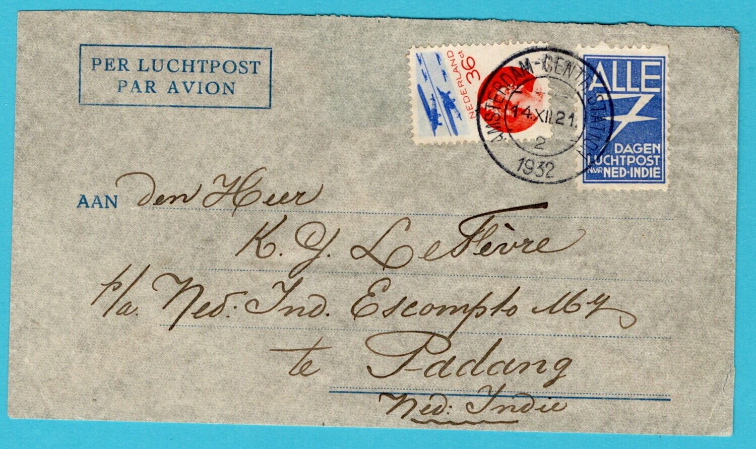 NEDERLAND luchtpost brief 1932 Amsterdam naar Padang