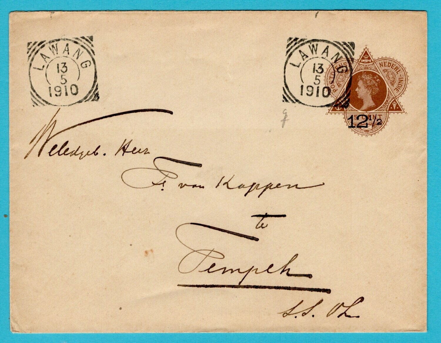 NETHERLANDS EAST INDIES envelope 1910 Lawang to Tempeh