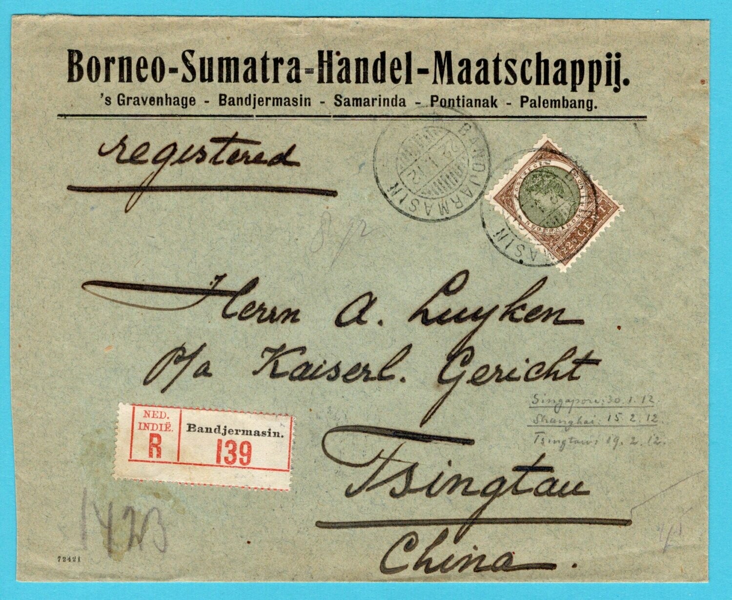 NETHERLANDS EAST INDIES R cover 1912 Bandjermasin -Tsingtau China