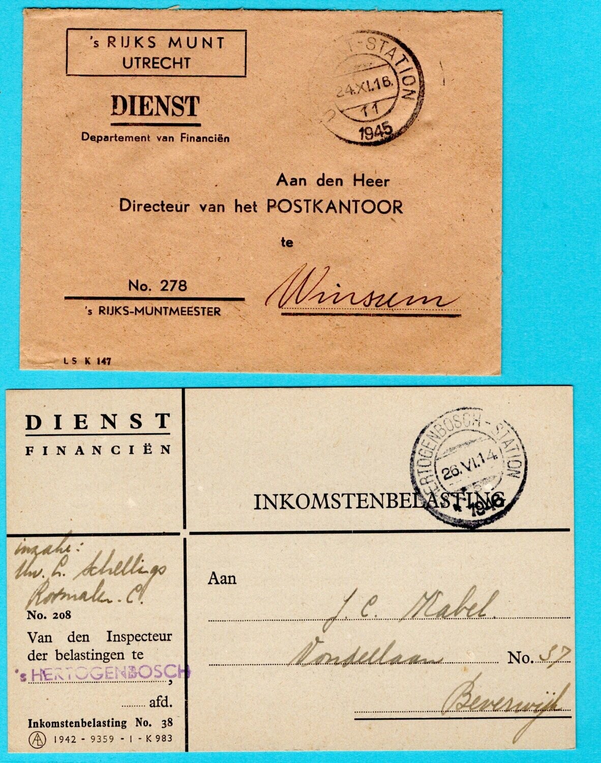 NEDERLAND 2 dienst stukken 1945-46 dep. Financiën