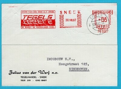 NEDERLAND briefkaart 1962 Sneek Tegel handel roodfrankering