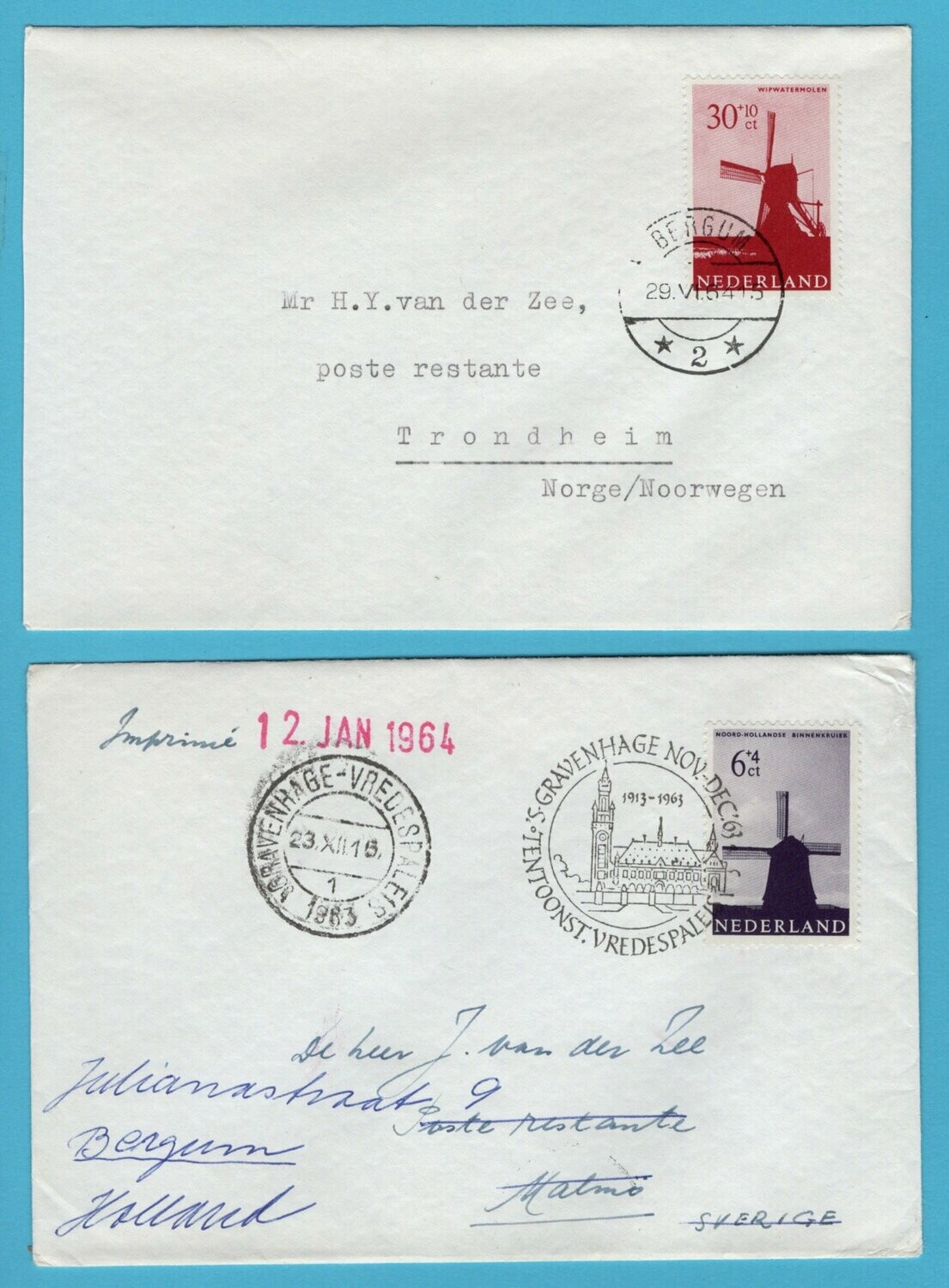 NEDERLAND 2 buitenland brieven 1963-64 met molen frankering