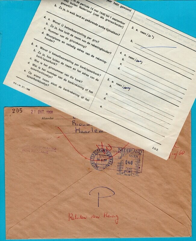 NEDERLAND brief 1968 Haarlem Raad v. Arbeid beport en retour